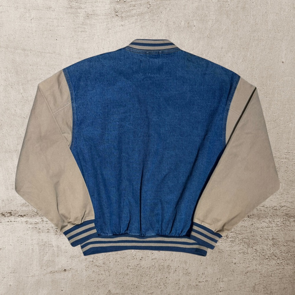 Vintage Denim Letterman Varsity Jacket Men's Large Tan Sleeves Sealy‎ Patch - Picture 2 of 5